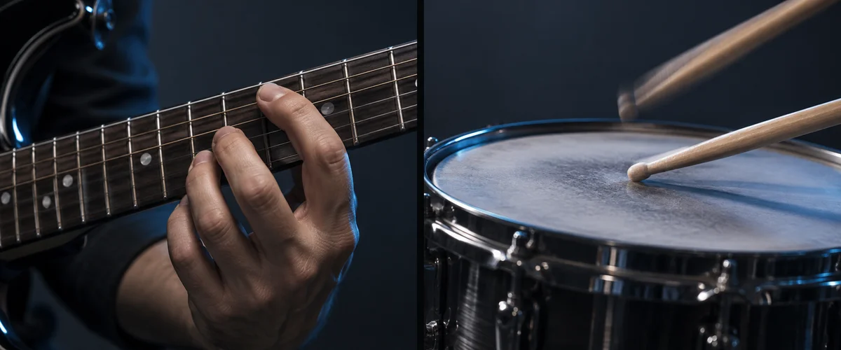 A guitarist fretting notes and drumsticks striking a snare