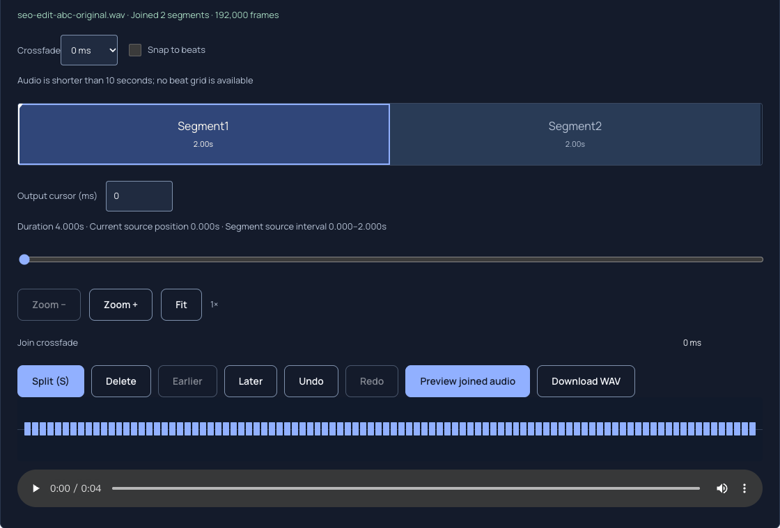 Audio Cutter after deleting the middle passage, with two segments totaling four seconds.