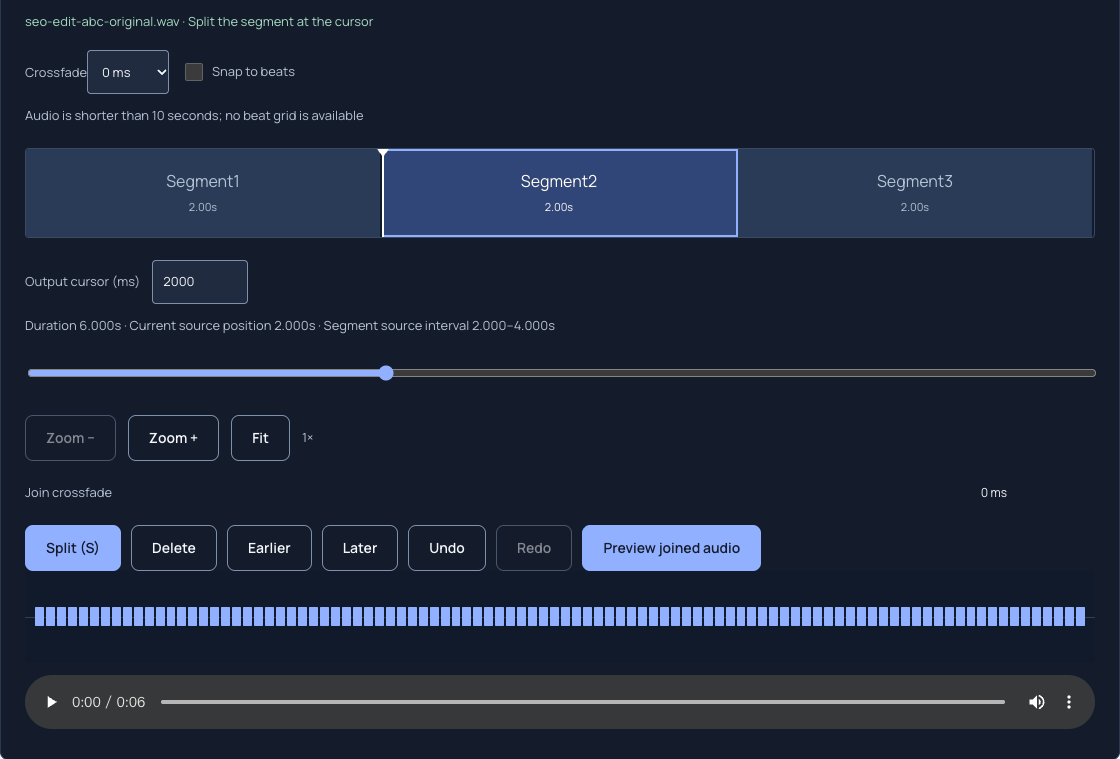 Audio Cutter with the middle passage from 2 to 4 seconds selected for deletion.