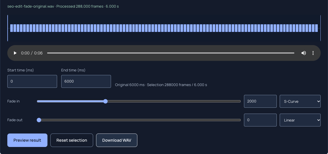Audio Trimmer with a 2-second S-Curve fade-in on a 6-second selection.