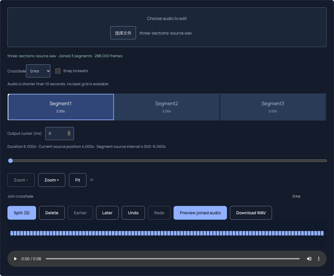 Audio Cutter with three two-second segments, source interval 4–6 seconds selected first, and a 288,000-frame result.