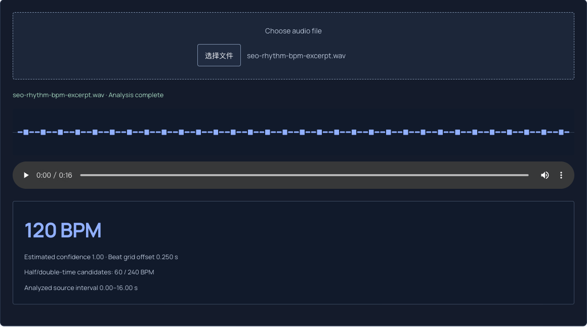 BPM Finder result: 120 BPM for a 16-second excerpt, with 60 and 240 BPM alternatives.
